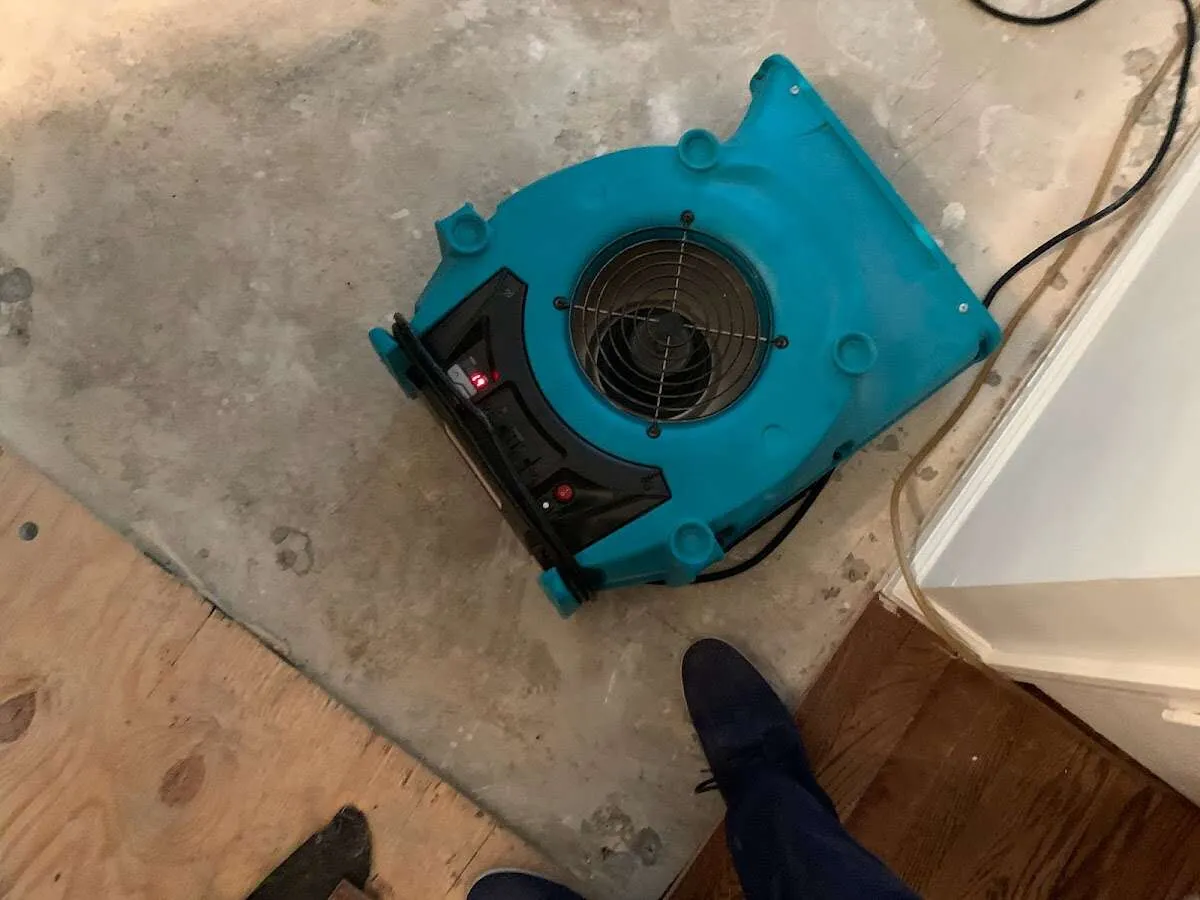 Air mover drying subfloor during Commercial Water Damage Restoration in Esopus